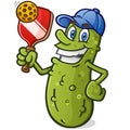 Pickleball cartoon wearing a ball cap and holding a paddle and plastic ball