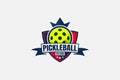 Pickleball club logo with a ball, crown, shield, stars, and ribbon