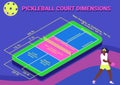 Pickleball court dimensions isometric diagram.