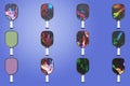 Pickleball many different design rackets in a row on an isolated background. 3D rendering