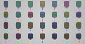 Pickleball many multi-colored paddle rackets in a row on a gray background. 3D rendering