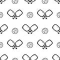 Pickleball paddles and ball black outline seamless patterns