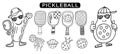 Pickleball paddles, balls, avocado and pickle characters set. Hand drawn black outline vector illustration.