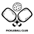 Pickleball paddles and balls logo, hand drawn black outline vector illustration.