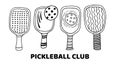 Pickleball paddles and balls set, hand drawn black outline vector illustration.