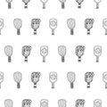 Pickleball paddles black outline seamless patterns