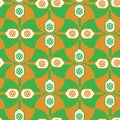 Pickleball paddles on green and orange scallop shapes seamless pattern.