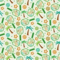 Pickleball paddles seamless pattern with tropical leaves, palm trees and balls.