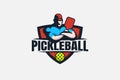 Pickleball player logo with a combination of a player or coach holding paddle, ball and shield