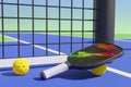 Pickleball racket and ball for playing in the net on the sports field. 3D rendering