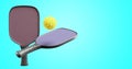 Pickleball racket and sports ball wiffle on an isolated background. 3d rendering
