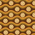 Pickleball seamless pattern with orange balls with retro waves on dark brown background.