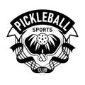 Pickleball Sport Emblem. Black and White Vector Illustration of with two pickleball paddles and Ball for Sports Enthusiasts Royalty Free Stock Photo