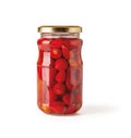 Pickled baby red hot peppers in a glass jar isolated on white background. Full jar of small hot peppers marinated pods close-up. Royalty Free Stock Photo