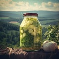 Pickled cabbage in a glass jar on a background of the mountains