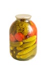 Pickled cucumber and tomato in glass jar Royalty Free Stock Photo