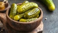 Pickled cucumbers in bowl on wooden rustic board Royalty Free Stock Photo