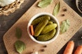 Pickled cucumbers or gherkins in a white bowl, top view Royalty Free Stock Photo