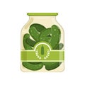 Pickled cucumbers in glass jar with brand label. Organic product. Canned food. Isolated flat vector design for product