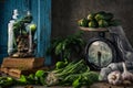 Pickled cucumbers in a glass jar with herbs and dill spices. Canned cucumbers on a dark rustic background. Natural products ready Royalty Free Stock Photo