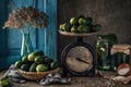 Pickled cucumbers in a glass jar with herbs and dill spices. Canned cucumbers on a dark rustic background. Natural products ready Royalty Free Stock Photo