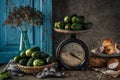 Pickled cucumbers in a glass jar with herbs and dill spices. Canned cucumbers on a dark rustic background. Natural products ready Royalty Free Stock Photo