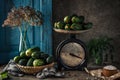 Pickled cucumbers in a glass jar with herbs and dill spices. Canned cucumbers on a dark rustic background. Natural products ready Royalty Free Stock Photo