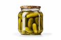 Pickled cucumbers in a glass jar on a white background close up, mockup