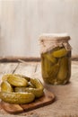 Pickled cucumbers in glass jars traditional homemade marinated vegetables