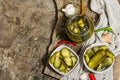 Pickled cucumbers for winter organic food. Jar of homemade gherkins, clean eating, vegan concept Royalty Free Stock Photo