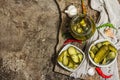 Pickled cucumbers for winter organic food. Jar of homemade gherkins, clean eating, vegan concept Royalty Free Stock Photo