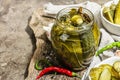 Pickled cucumbers for winter organic food. Jar of homemade gherkins, clean eating, vegan concept Royalty Free Stock Photo