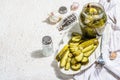 Pickled cucumbers for winter organic food. Jar of homemade gherkins, clean eating, vegan concept Royalty Free Stock Photo