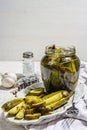 Pickled cucumbers for winter organic food. Jar of homemade gherkins, clean eating, vegan concept Royalty Free Stock Photo