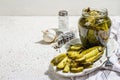 Pickled cucumbers for winter organic food. Jar of homemade gherkins, clean eating, vegan concept Royalty Free Stock Photo