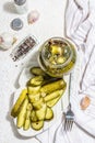 Pickled cucumbers for winter organic food. Jar of homemade gherkins, clean eating, vegan concept Royalty Free Stock Photo