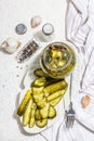 Pickled cucumbers for winter organic food. Jar of homemade gherkins, clean eating, vegan concept Royalty Free Stock Photo