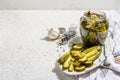 Pickled cucumbers for winter organic food. Jar of homemade gherkins, clean eating, vegan concept Royalty Free Stock Photo