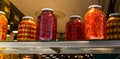 Homemade pickled fermented preserved vegetables in jars