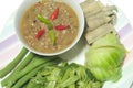 Pickled fish and chili dip with boiled vegetables.