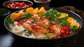 Pickled Fish Fillet in white Porcelain Bowl Golden Soup on Selective Focus Background Royalty Free Stock Photo