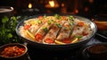 Pickled Fish Fillet in white Porcelain Bowl Golden Soup on Selective Focus Background Royalty Free Stock Photo