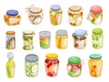 Pickled food jars. Cartoon preserved products in can jar bottle, marinating vegetables spice pot kitchen pantry, fruit