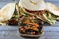 Pickled fried aubergine, green pepper, Traditional Egyptian breakfast street sandwiches of mashed fava beans, fried crispy falafel Royalty Free Stock Photo