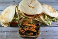 Pickled fried aubergine, green pepper, Traditional Egyptian breakfast street sandwiches of mashed fava beans, fried crispy falafel Royalty Free Stock Photo