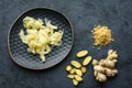 Pickled ginger, fresh root, ginger powder Royalty Free Stock Photo