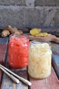 Pickled ginger slices and wooden chopsticks. Ingredient for sushi. Healthy food. Traditional Japanese condiment Royalty Free Stock Photo