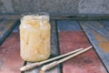 Pickled ginger slices and wooden chopsticks. Ingredient for sushi. Healthy food. Traditional Japanese condiment Royalty Free Stock Photo