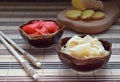 Pickled ginger slices and wooden chopsticks. Ingredient for sushi. Healthy food. Traditional Japanese condiment Royalty Free Stock Photo