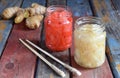 Pickled ginger slices and wooden chopsticks. Ingredient for sushi. Healthy food. Traditional Japanese condiment Royalty Free Stock Photo